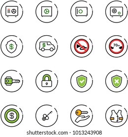 line vector icon set - safe vector, encashment car, no horn road sign, limited distance, key, locked, shield check, cross, dollar, hand, life vest