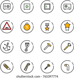 line vector icon set - safe vector, artificial unevenness road sign, gold medal, star, anchor, piston, hammer, sledgehammer, work knife, plumber, screw, allen key