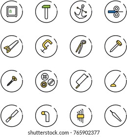 line vector icon set - safe vector, work, anchor, steel rolling, saw, clamp, plumber, nail, screw, rivet, metal hacksaw, hoe, rasp, allen key, set, forceps