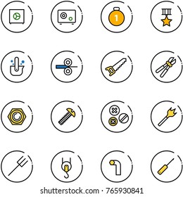 line vector icon set - safe vector, gold medal, star, casting of steel, rolling, saw, bolt cutter, nut, screw, rivet, wood drill, farm fork, winch, allen key, awl