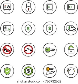 line vector icon set - safe vector, lock, encashment car, no horn road sign, limited distance, key, unlocked, shield check, dollar, hand, protect glass