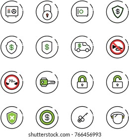 line vector icon set - safe vector, lock, encashment car, no horn road sign, limited distance, key, locked, unlocked, shield cross, dollar, protect glass