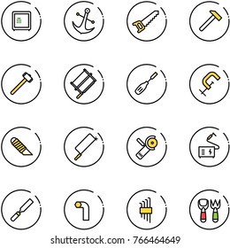 line vector icon set - safe vector, anchor, saw, hammer, sledgehammer, bucksaw, chisel, clamp, work knife, metal hacksaw, Angular grinder, welding, rasp, allen key, set, shovel fork toy