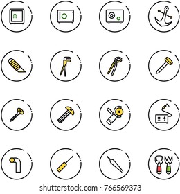 line vector icon set - safe vector, anchor, work knife, plumber, nail, screw, Angular grinder, welding, allen key, awl, forceps, shovel fork toy