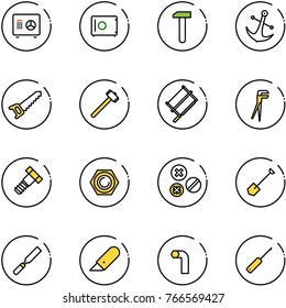 line vector icon set - safe vector, work, anchor, saw, sledgehammer, bucksaw, plumber, bolt, nut, rivet, shovel, rasp, knife, allen key, awl