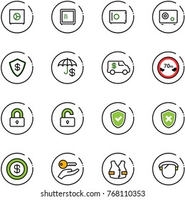 line vector icon set - safe vector, insurance, encashment car, limited distance road sign, locked, unlocked, shield check, cross, dollar, key hand, life vest, protect glass