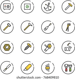 line vector icon set - safe vector, anchor, hammer, sledgehammer, mason, chisel, plumber, nut, screw, Angular grinder, welding, rasp, work knife, allen key set, shovel fork toy