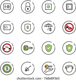 line vector icon set - safe vector, lock, insurance, no horn road sign, limited distance, key, shield check, cross, dollar, hand, protect glass