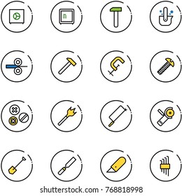 line vector icon set - safe vector, work, casting of steel, rolling, hammer, clamp, screw, rivet, wood drill, metal hacksaw, Angular grinder, shovel, rasp, knife, allen key set