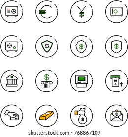 line vector icon set - safe vector, euro, yen, bank, atm, card pay, gold, rich, mail dollar