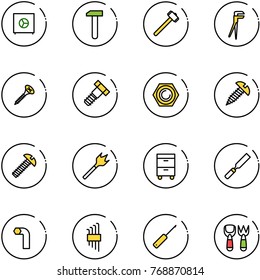 line vector icon set - safe vector, work, sledgehammer, plumber, screw, bolt, nut, wood drill, tool cabinet, rasp, allen key, set, awl, shovel fork toy