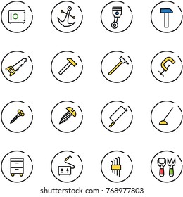 line vector icon set - safe vector, anchor, piston, hammer, saw, mason, clamp, screw, metal hacksaw, hoe, tool cabinet, welding, allen key set, shovel fork toy