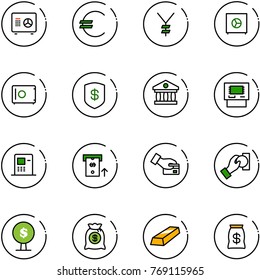 line vector icon set - safe vector, euro, yen, bank, atm, card pay, cash, money tree, bag, gold