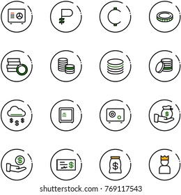 line vector icon set - safe vector, ruble, cent, coin, money rain, investment, check, bag, king