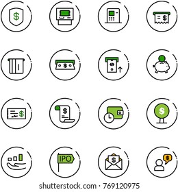 line vector icon set - safe vector, atm, receipt, cash, piggy bank, check, account history, wallet time, money tree, growth, ipo, mail dollar, dialog