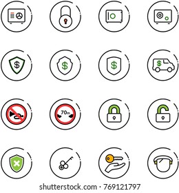 line vector icon set - safe vector, lock, encashment car, no horn road sign, limited distance, locked, unlocked, shield cross, key, hand, protect glass