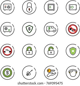 line vector icon set - safe vector, lock, encashment car, no horn road sign, limited distance, locked, unlocked, shield cross, dollar, key, hand, protect glass