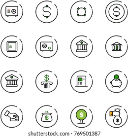 line vector icon set - safe vector, dollar sign, currency, coin, bank, atm, piggy, card pay, purse, money tree, rich