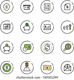 line vector icon set - safe vector, receipt, account statement, statistics report, piggy bank, arrows up, wallet time, dollar, search money, mail