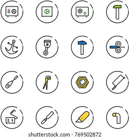 line vector icon set - safe vector, work, anchor, piston, hammer, steel rolling, chisel, plumber, nut, metal hacksaw, welding, rasp, knife, allen key