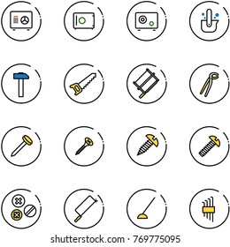 line vector icon set - safe vector, casting of steel, hammer, saw, bucksaw, plumber, nail, screw, rivet, metal hacksaw, hoe, allen key set