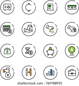 line vector icon set - safe vector, cent, atm, cash, calendar, investment, card pay, purse, account history, piggy bank, money tree, rich, agreement, chart, case