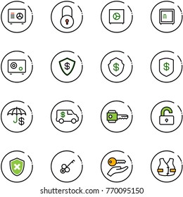 line vector icon set - safe vector, lock, insurance, encashment car, key, unlocked, shield cross, hand, life vest