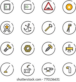 line vector icon set - safe vector, artificial unevenness road sign, star medal, anchor, sledgehammer, plumber, bolt, nut, screw, milling cutter, hoe, welding, pipe, allen key