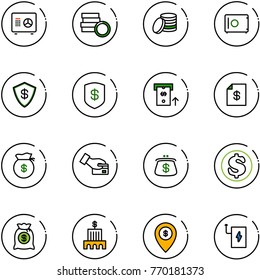 line vector icon set - safe vector, coin, atm, account statement, money bag, card pay, purse, dollar, bank building, map pin, power