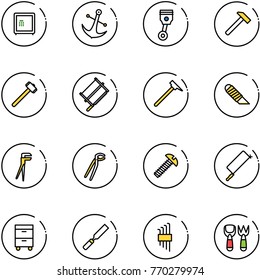 line vector icon set - safe vector, anchor, piston, hammer, sledgehammer, bucksaw, mason, work knife, plumber, screw, metal hacksaw, tool cabinet, rasp, allen key set, shovel fork toy