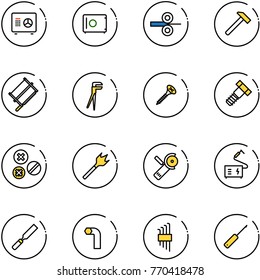 line vector icon set - safe vector, steel rolling, hammer, bucksaw, plumber, screw, bolt, rivet, wood drill, Angular grinder, welding, rasp, allen key, set, awl