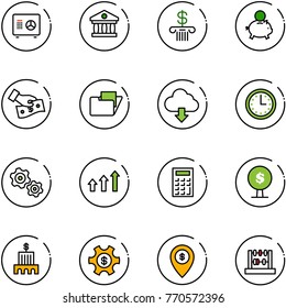 line vector icon set - safe vector, bank, piggy, cash pay, folder, download cloud, time, gears, arrows up, calculator, money tree, building, managemet, atm map pin, abacus