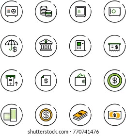 line vector icon set - safe vector, coin, insurance, bank, atm, receipt, account statement, wallet, dollar, building, money