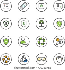line vector icon set - safe vector, medical patch, locked, shield, check, user password, lifebuoy, key hand, recycling, protective glasses, protect glass