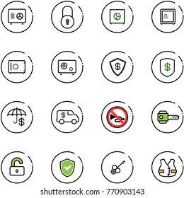 line vector icon set - safe vector, lock, insurance, encashment car, no horn road sign, key, unlocked, shield check, life vest