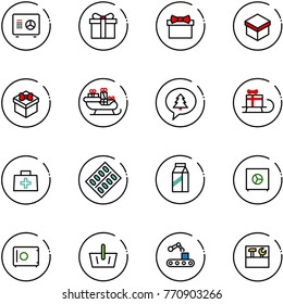 line vector icon set - safe vector, gift, santa sleigh, merry christmas message, doctor bag, pills blister, milk, basket, conveyor, tool box