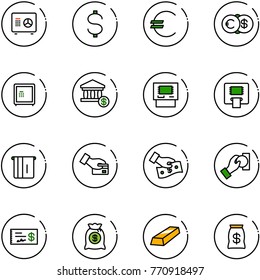 line vector icon set - safe vector, dollar, euro, account, atm, card pay, cash, check, money bag, gold