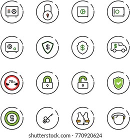line vector icon set - safe vector, lock, encashment car, limited distance road sign, locked, unlocked, shield check, dollar, key, life vest, protect glass