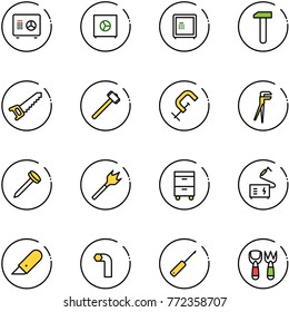 line vector icon set - safe vector, work, saw, sledgehammer, clamp, plumber, nail, wood drill, tool cabinet, welding, knife, allen key, awl, shovel fork toy