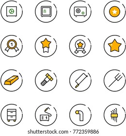 line vector icon set - safe vector, star medal, gold, bolt, metal hacksaw, farm fork, tool cabinet, welding, allen key, set