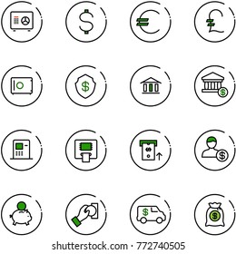 line vector icon set - safe vector, dollar, euro, pound, bank, account, atm, piggy, cash pay, encashment car, money bag