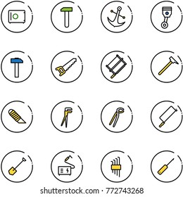 line vector icon set - safe vector, work, anchor, piston, hammer, saw, bucksaw, mason, knife, plumber, metal hacksaw, shovel, welding, allen key set, awl