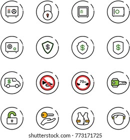 line vector icon set - safe vector, lock, encashment car, no horn road sign, limited distance, key, unlocked, hand, life vest, protect glass