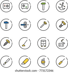 line vector icon set - safe vector, work, anchor, hammer, steel rolling, nail, bolt, screw, hoe, tool cabinet, welding, rasp, knife, allen key set, awl