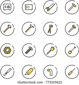 line vector icon set - safe vector, saw, hammer, sledgehammer, mason, plumber, nail, nut, screw, wood drill, shovel, rasp, work knife, allen key, awl