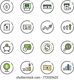 line vector icon set - safe vector, atm, cash, account statement, check, growth arrow, arrows up, piggy bank, wallet time, dollar, search money, tree, chart