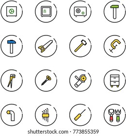 line vector icon set - safe vector, work, hammer, saw, sledgehammer, clamp, plumber, screw, Angular grinder, tool cabinet, allen key, set, awl, shovel fork toy