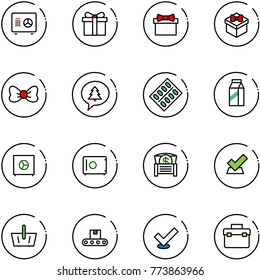 line vector icon set - safe vector, gift, bow, merry christmas message, pills blister, milk, money chest, check, basket, conveyor, tool box