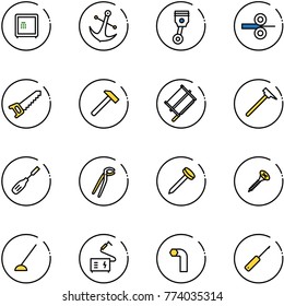 line vector icon set - safe vector, anchor, piston, steel rolling, saw, hammer, bucksaw, mason, chisel, plumber, nail, screw, hoe, welding, allen key, awl