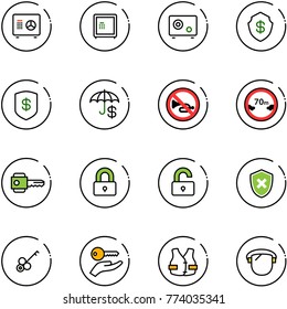 line vector icon set - safe vector, insurance, no horn road sign, limited distance, key, locked, unlocked, shield cross, hand, life vest, protect glass